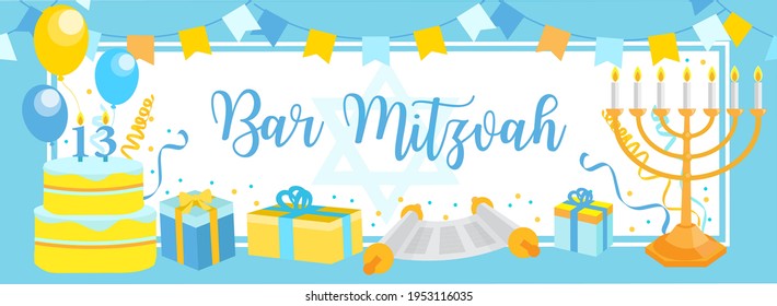 Bar Mitzvah invitation or congratulation card. jewish holiday, 13 year old boy's birthday vector illustration