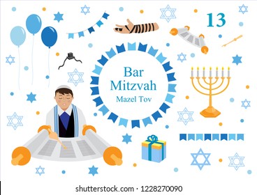 Bar mitzvah set of flat style icons. Collection of elements for congratulation or invitation card, banner, with Jewish boy, menorah, Star of David isolated on white background. vector illustration.