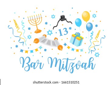 Bar mitzvah set of flat style icons. Collection of elements for congratulation or invitation card, banner, with menorah, Star of David isolated on white background. vector illustration.