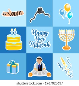 Bar mitzvah set of flat style icons. Collection of elements for congratulation or invitation card, banner, with Jewish boy, menorah, Star of David isolated on white background. vector illustration