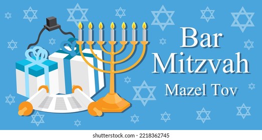 Bar Mitzvah -  translated into English 13th birthday boy. invitation or congratulation card. Vector banner