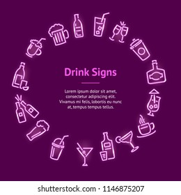 Bar Neon Banner Card Circle Can Be Used for Pub Design. Vector illustration of Neons Icons Drink