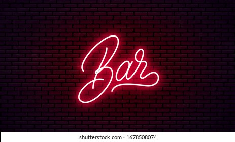 Bar Neon Hand Drawn Lettering. Ready Glowing Signboard Design. Vector Neon Text Isolated On Brick Wall Background.