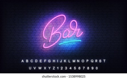 Bar neon lettering template. Glowing calligraphy sign for Bar