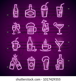 Bar Neon Signs Thin Line Icon Set Can Be Used for Pub Design. Vector illustration of Neons Icons Drink