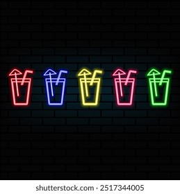 Bar Neon Signs Thin Line Icon Set Can Be Used for Pub Design. Vector illustration of Neons Icons Drink.