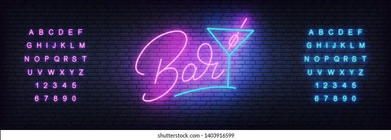 Bar neon template. Glowing lettering Bar and cocktail glass.