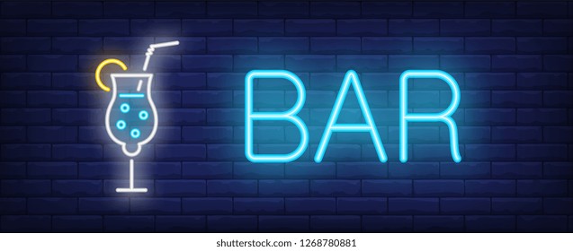 Bar neon text, cocktail glass with straw and lime. Bar advertisement design. Night bright neon sign, colorful billboard, light banner. Vector illustration in neon style.