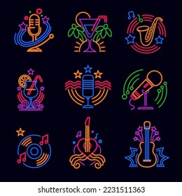 Bar and night club neon signs and emblems. Karaoke microphone, guitar with strings and cocktail with straw. Entertainment at evening. jazz music and festival advertisement. Vector in flat style