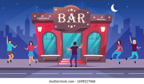 Bar Night Event Flat Color Vector Illustration. Nightclub Entertainment. Group Celebrate On Sidewalk Outside Cafe. Nighttime 2D Cartoon Cityscape With Dancing People On Background