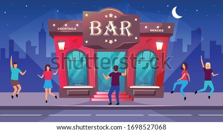 Bar night event flat color vector illustration. Nightclub entertainment. Group celebrate on sidewalk outside cafe. Nighttime 2D cartoon cityscape with dancing people on background