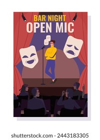 Bar night open mic concept. Man stands at scene. Satnd up wit microphone. Entertainment and cultural leisure. Humorist at stage. Cartoon flat vector illustration isolated on white background