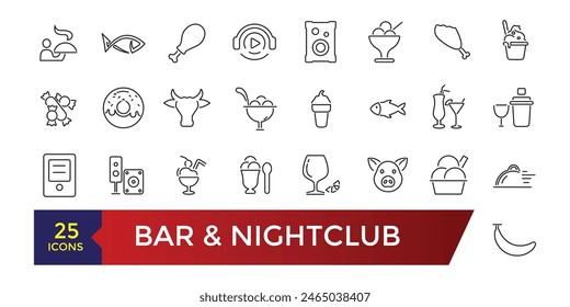 Bar and Nightclub icons set. Party and celebration icon. Editable ui stroke.