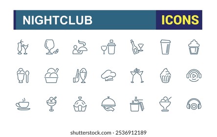 Conjunto de iconos de línea de bar y club nocturno. Contiene bebidas relacionadas con bar, cervezas, botellas, licor, lata, vino, cóctel y más. Iconos web simples. Ilustración vectorial.