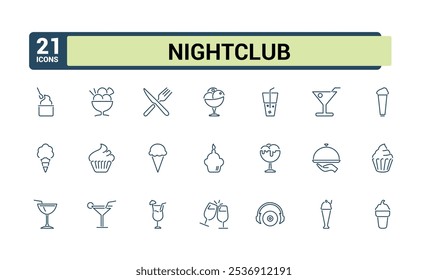 Bar And Nightclub line icons set. Contains related to bar, beers bottles, liqueur, can, wine, cocktail and more. Simple web icons. Vector illustration.