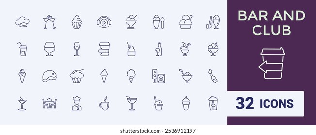 Bar And Nightclub line icons set. Contains related to bar, beers bottles, liqueur, can, wine, cocktail and more. Simple web icons. Vector illustration.