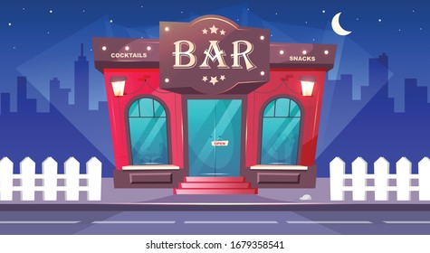 Bar at nighttime flat color vector illustration. Local cafe with sidewalk at night. Luxury pub exterior. Place for drinks. Red brick building. Urban 2D cartoon cityscape with nobody on background