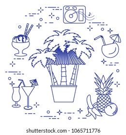 Bar on the beach, palm trees, cocktails, ice cream, music speakers, banana, pineapple, orange.