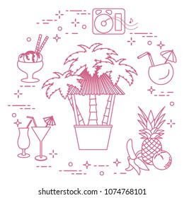 Bar on the beach, palm trees, cocktails, ice cream, music speakers, banana, pineapple, orange.