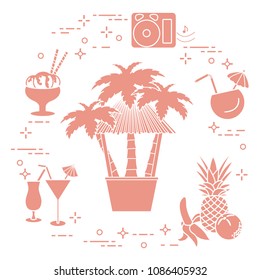 Bar on the beach, palm trees, cocktails, ice cream, music speakers, banana, pineapple, orange.