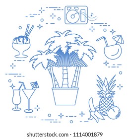 Bar on the beach, palm trees, cocktails, ice cream, music speakers, banana, pineapple, orange.