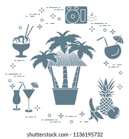 Bar on the beach, palm trees, cocktails, ice cream, music speakers, banana, pineapple, orange.