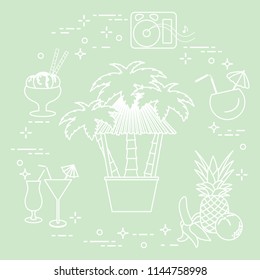 Bar on the beach, palm trees, cocktails, ice cream, music speakers, banana, pineapple, orange.