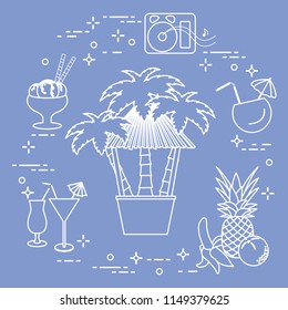 Bar on the beach, palm trees, cocktails, ice cream, music speakers, banana, pineapple, orange.