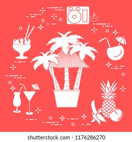 Bar on the beach, palm trees, cocktails, ice cream, music speakers, banana, pineapple, orange.