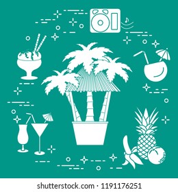 Bar on the beach, palm trees, cocktails, ice cream, music speakers, banana, pineapple, orange.