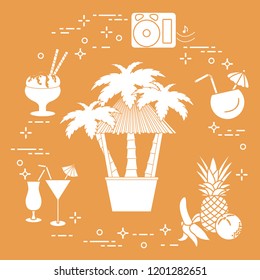 Bar on the beach, palm trees, cocktails, ice cream, music speakers, banana, pineapple, orange.