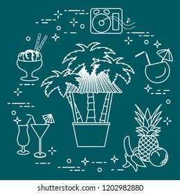 Bar on the beach, palm trees, cocktails, ice cream, music speakers, banana, pineapple, orange.