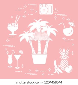 Bar on the beach, palm trees, cocktails, ice cream, music speakers, banana, pineapple, orange.
