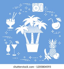 Bar on the beach, palm trees, cocktails, ice cream, music speakers, banana, pineapple, orange.