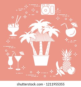 Bar on the beach, palm trees, cocktails, ice cream, music speakers, banana, pineapple, orange.