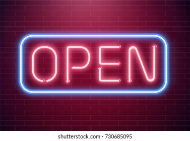 Bar open light Neon Sign. Night store red glowing letters . Open 24 hours sign