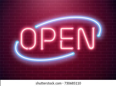 Bar open light Neon Sign. Night store red glowing letters . Open 24 hours sign