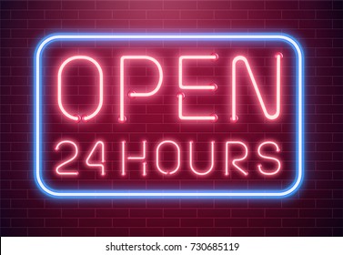 Bar open light Neon Sign. Night store red glowing letters . Open 24 hours sign