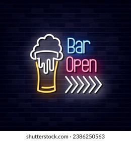 Bar Open Neon Sign Symbol Vector. Light banner, Light art