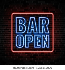 'bar open' neon signs on dark brick wall background. modern vector neon illustration easy to edit and customize. eps 10