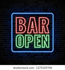 'bar open' neon signs on dark brick wall background. modern vector neon illustration easy to edit and customize. eps 10