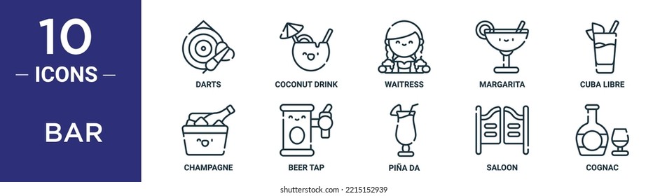 Bar Outline Icon Set Includes Thin Line Darts, Coconut Drink, Waitress, Margarita, Cuba Libre, Champagne, Beer Tap Icons For Report, Presentation, Diagram, Web Design