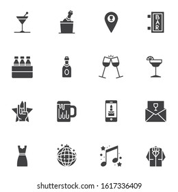 Bar party event vector icons set, modern solid symbol collection, filled style pictogram pack. Signs, logo illustration. Set includes icons as disco ball, champagne bottle, beer box, invitation card