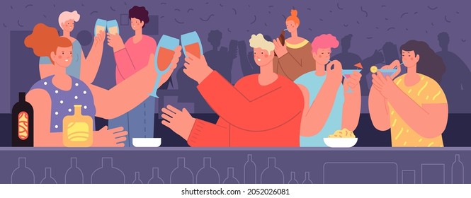 Bar party. New year, birthday celebrating, friends celebrate and drinking together. Happy time, vacation or holidays vector illustration