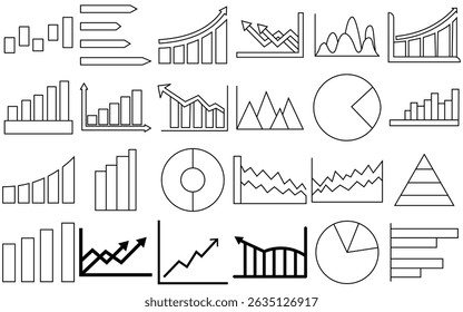 Iconos de gráficos de barras, pasteles y líneas: análisis de datos de gráficos comerciales, financieros y estadísticos y Colección de Vectores de tendencias económicas
