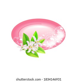 Bar of pink soap  and  flowers in foam and bubbles on a white background.Realistic vector .illustration.Shampoo bubbles texture.