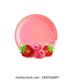 Bar of pink soap in foam and bubbles,berries on a white background.Realistic vector illustration.Shampoo bubbles texture.