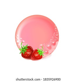 Bar aus rosafarbener Seife in Schaum und Blasen, Beeren auf weißem Hintergrund.Realistische Vektorgrafik.Shampoo Blasen Textur.