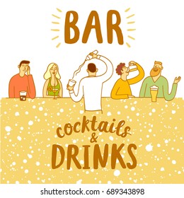 Bar poster with people drinking. Including cocktails and drinks title. Colorful cartoon illustration for your design.