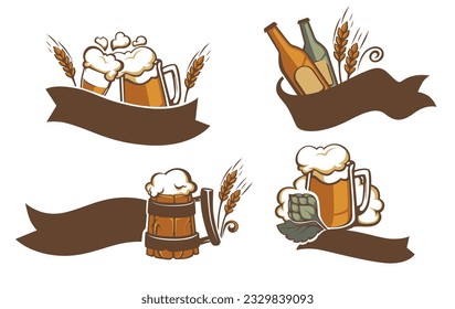 Bar o pub con bebidas alcohólicas y bebidas, íconos aislados con cintas y pancartas vacías. Trigo y botellas, pinta de madera. Logotipo o emblema, logotipo o banner promocional. Vector de estilo plano